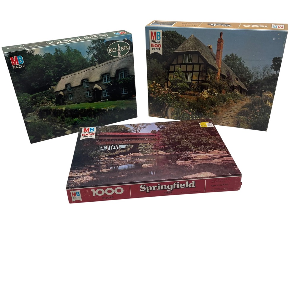 Lot of 3 Vintage Milton Bradley Jigsaw Puzzle 1000 1500 Piece Cottage Bridge NEW
